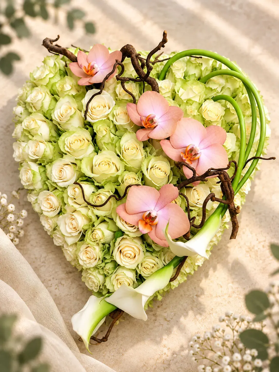 Hart met fijne roosjes en zachte orchidee