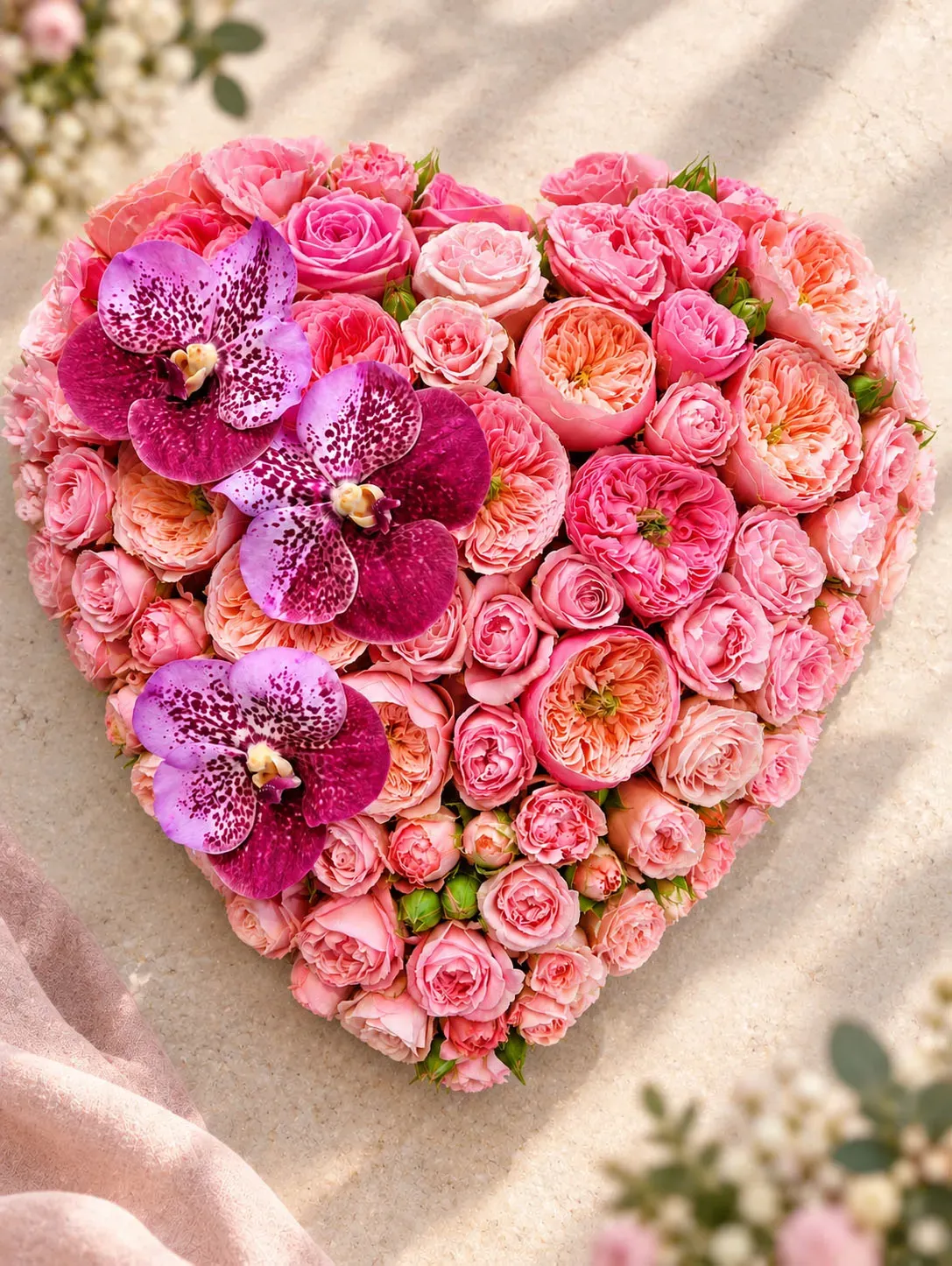 Hart met roze tuinrozen en prachtige vanda orchideeën