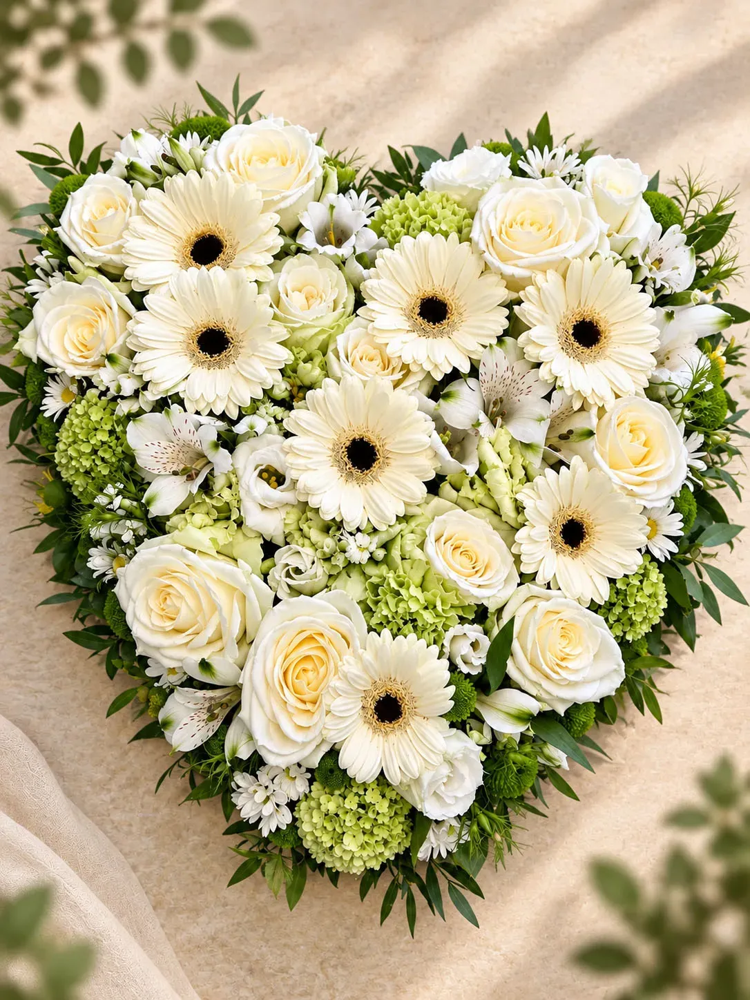 Hart met variatie van witte seizoensbloemen