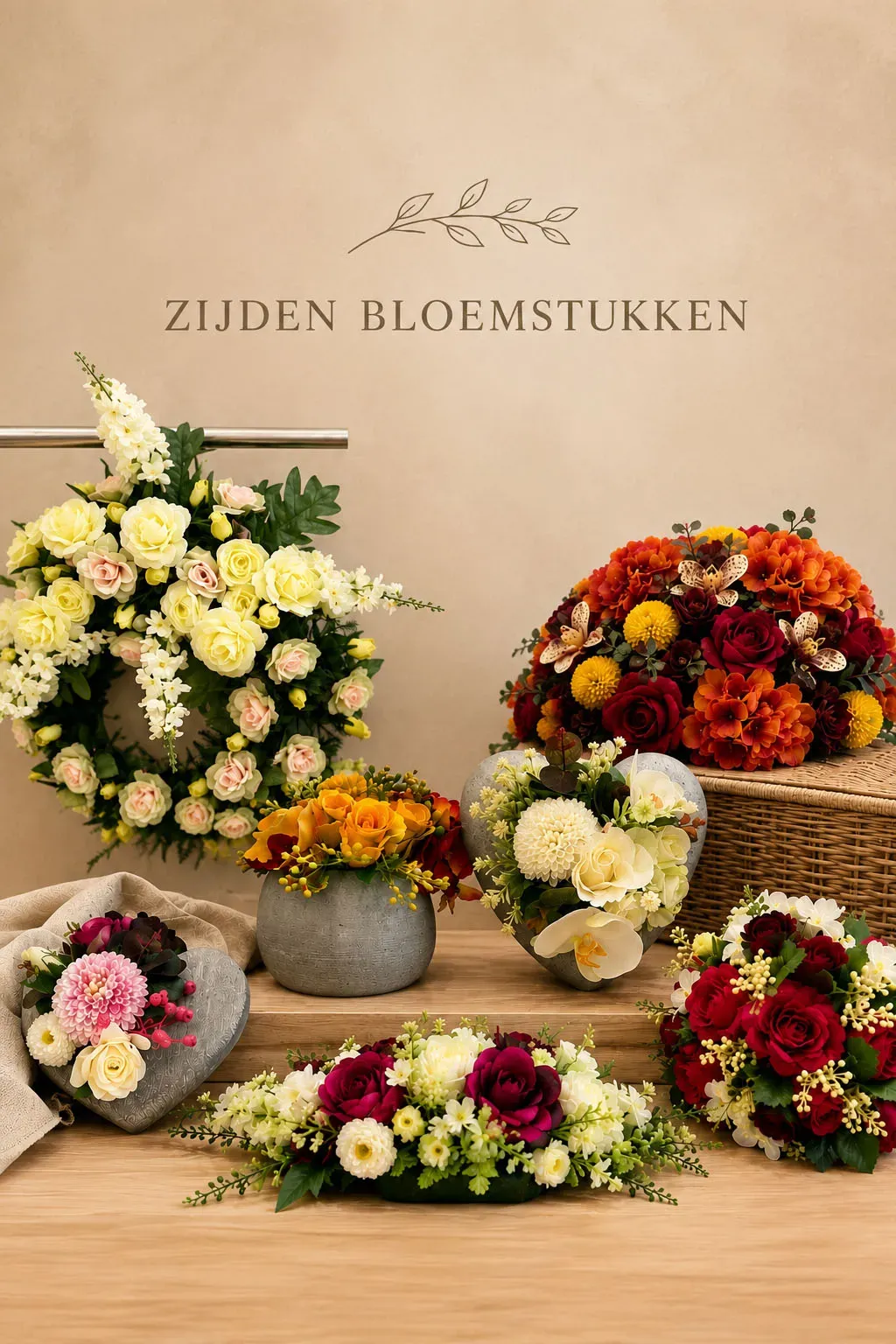 Een overzicht van zijden bloemstukken in de winkel