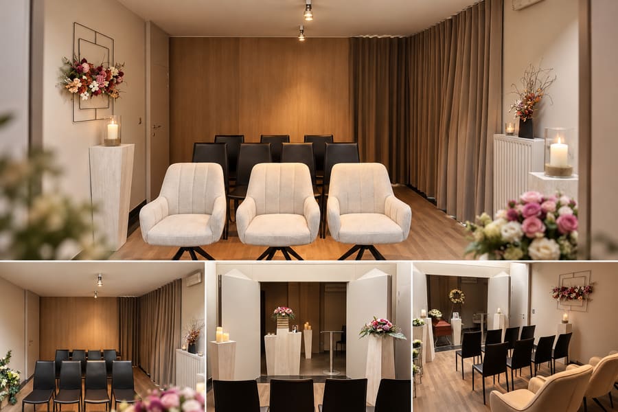 De afscheidsruimte vanuit vier hoeken, met stoelen, kaarsen en bloemen