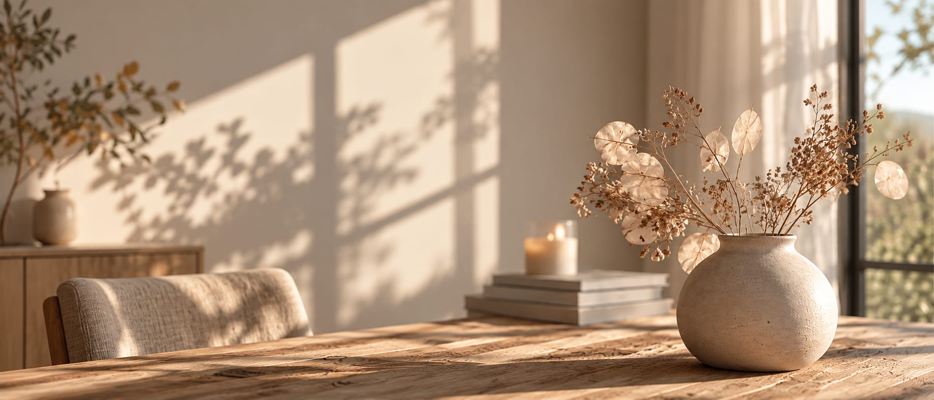 Een houten tafel in het late zonlicht, met een stenen vaas met droogbloemen en een kaars bij het raam