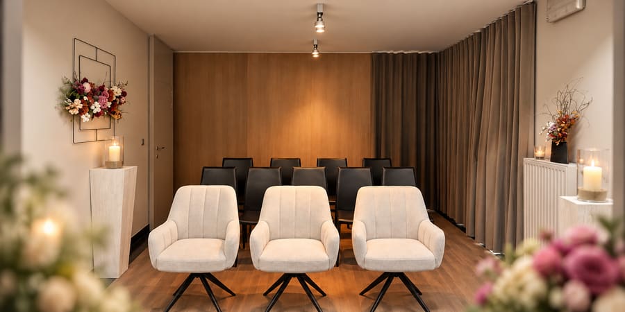 Een kleine afscheidsruimte met stoelen, kaarsen en bloemen, klaar voor een afscheid in intieme kring