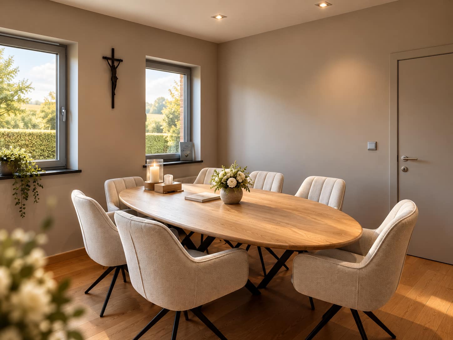 Een ovale houten tafel met beklede stoelen in een lichte ruimte, met een kaars, witte rozen en een kruisbeeld aan de muur