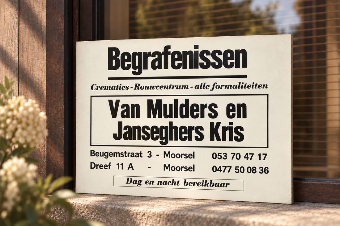Het oude uithangbord Begrafenissen — Van Mulders en Janseghers Kris, tegen een raamkozijn
