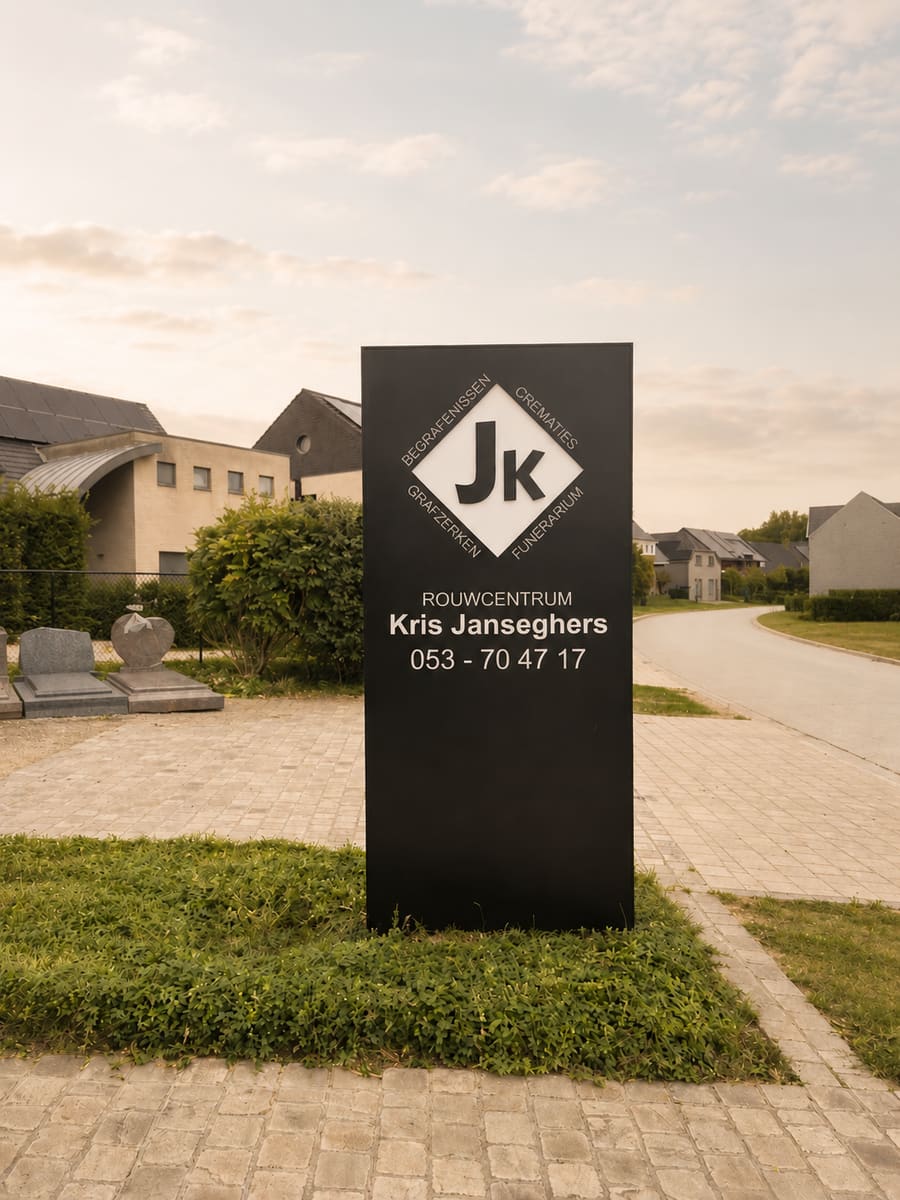 Het zwarte naambord van Rouwcentrum Kris Janseghers in de Rijgerstraat in Moorsel