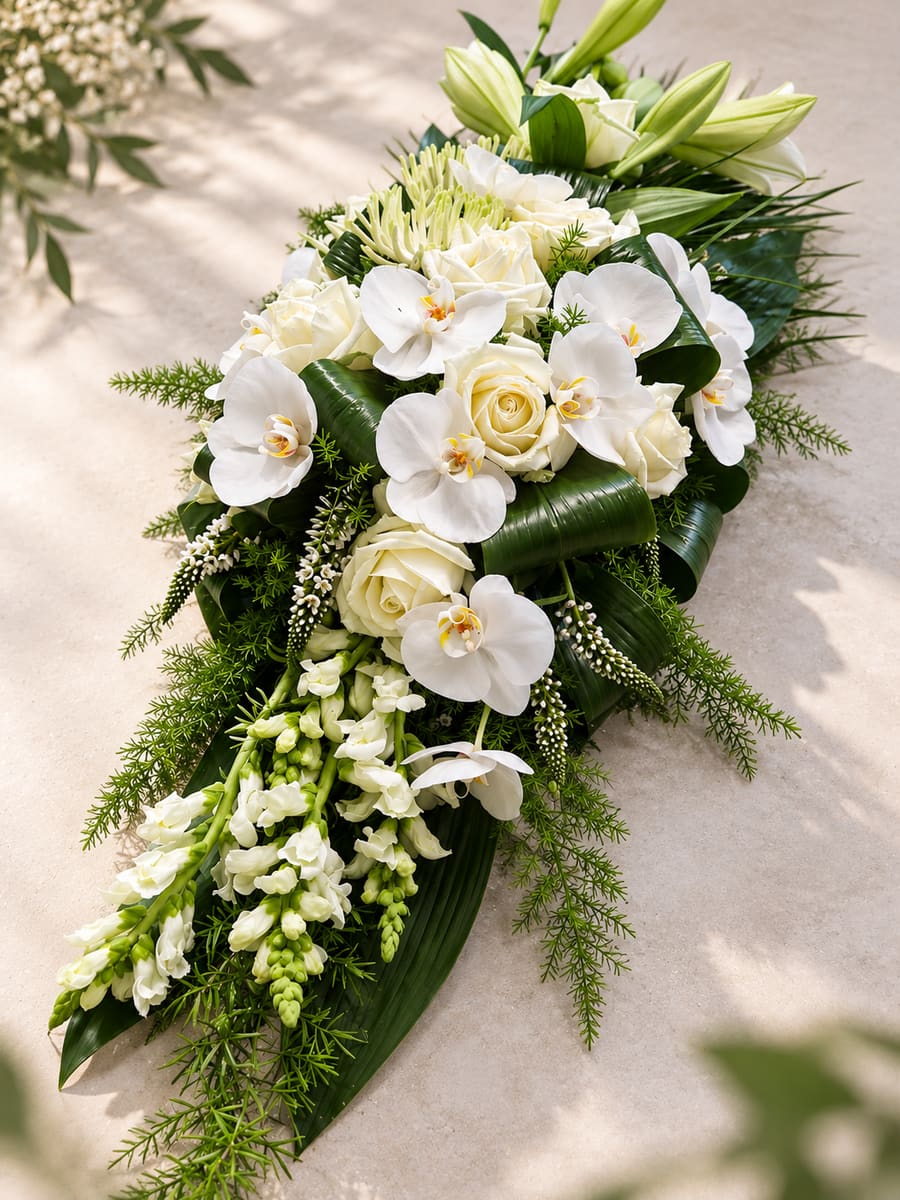 Variatie van seizoensbloemen afgewerkt met witte orchideeën