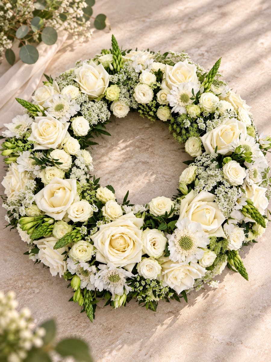 Goed gevulde krans met witte seizoensbloemen